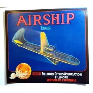 Airship Oranges Fruit Crate Label Airplane Plane Original Vintage 1940's Sunkist